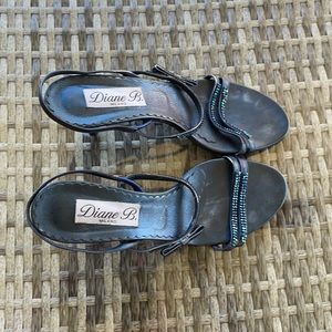 Diane B. Navy Leather Heels Rhinestone Embellished.